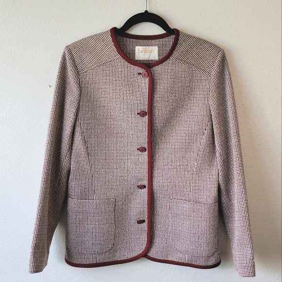 Vintage 70s Houndstooth Blazer Jacket Knit Maroon